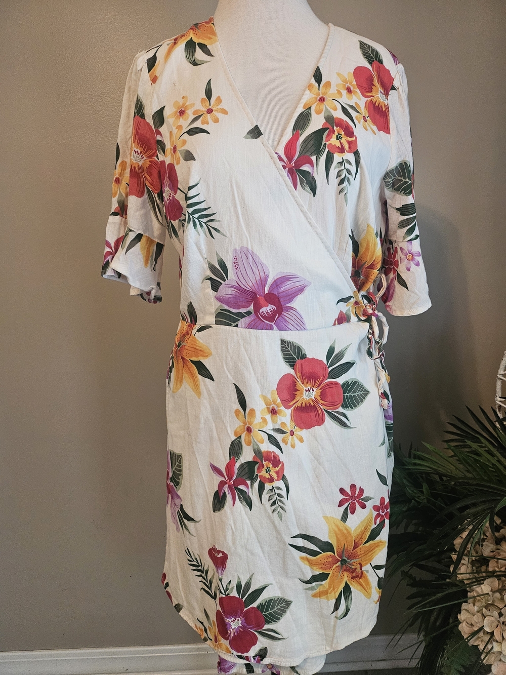 Old Navy White Floral Wrap Midi Dress with Pink, Yellow & Green Accents